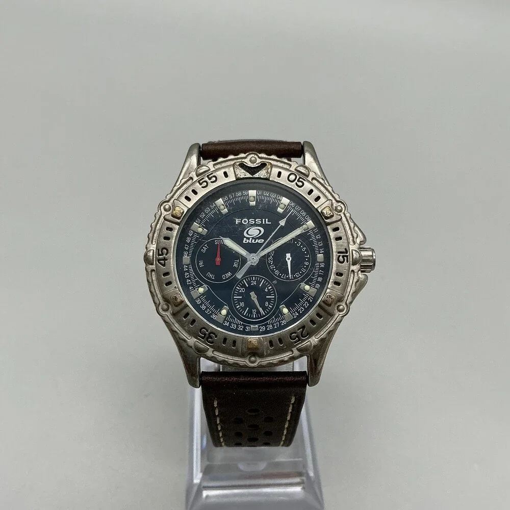 Fossil Blue Mens Watch 40mm Blue Dial Silver Tone Leather Multi New Battery